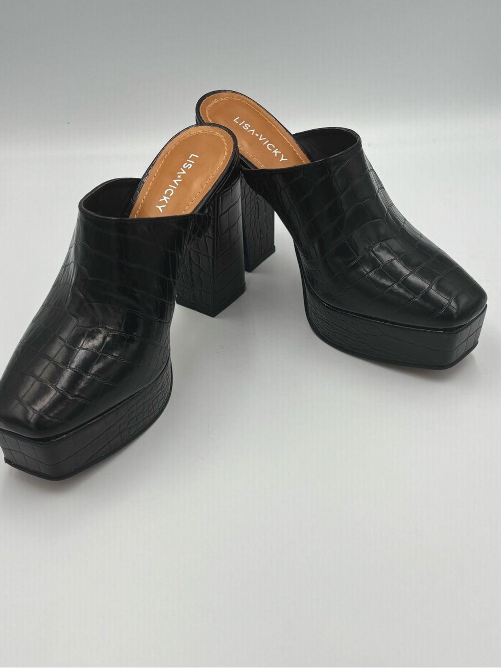 Lisa Vicky BADAB Black Croc Platform Mules Heels Size 7.5